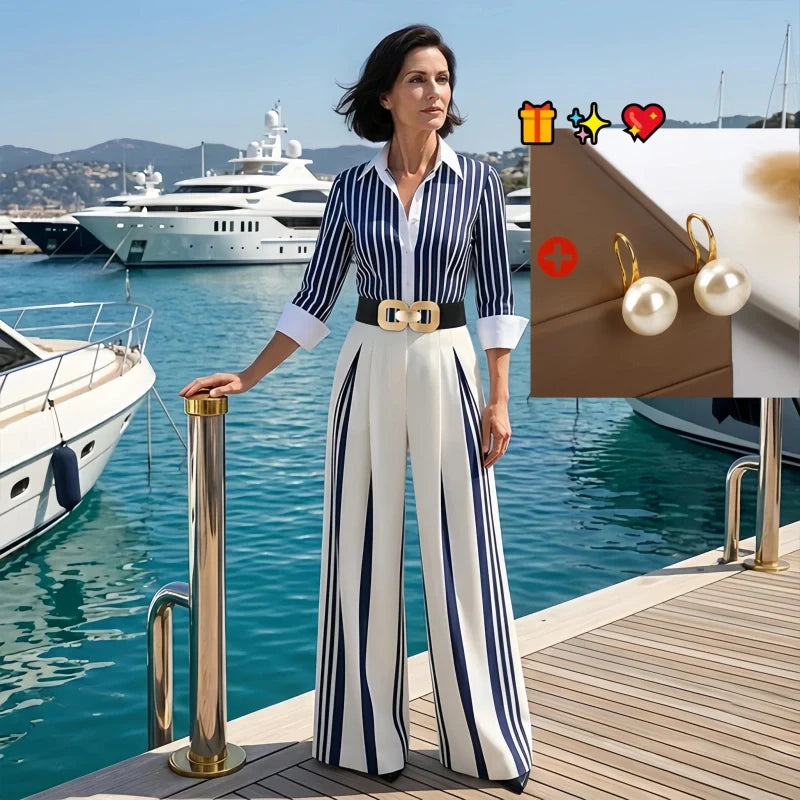 📢📢40% OFF !! ⏰Women's Striped Shirt & Wide-Leg Pants 2-Piece Set