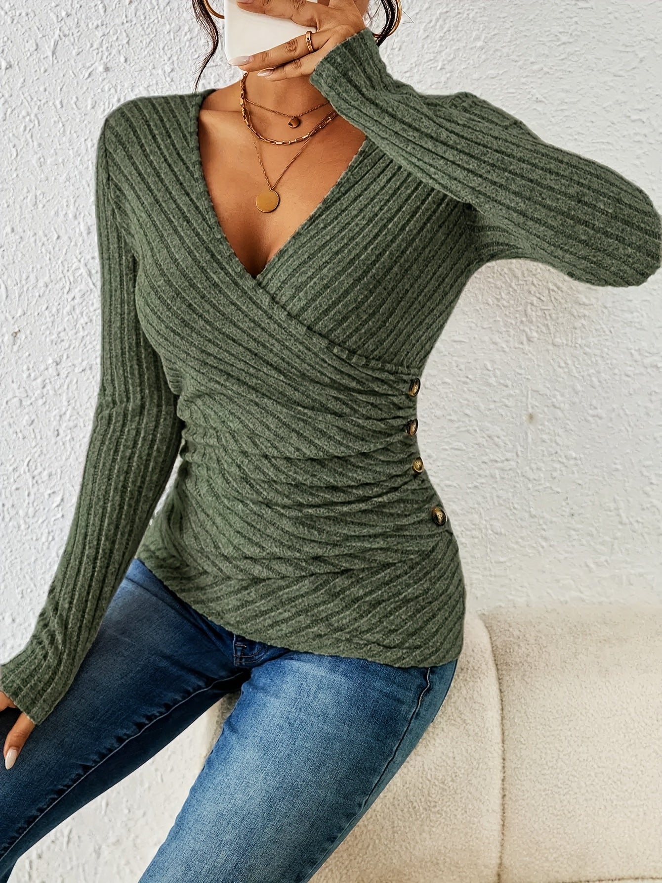 Women's Long Sleeve Wrap V-Neck Top