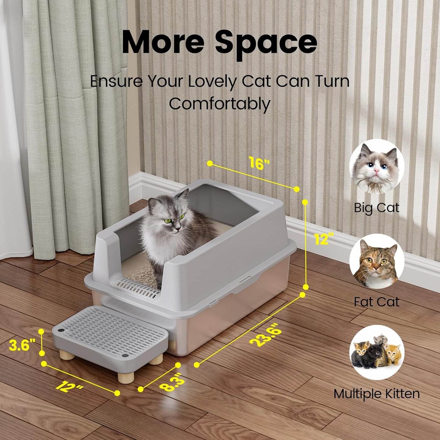 Stainless Steel Cat Litter Box with Lid -  Metal Litter Box for Big Cats, High Sided Kitty Litter Box Anti-Leakage