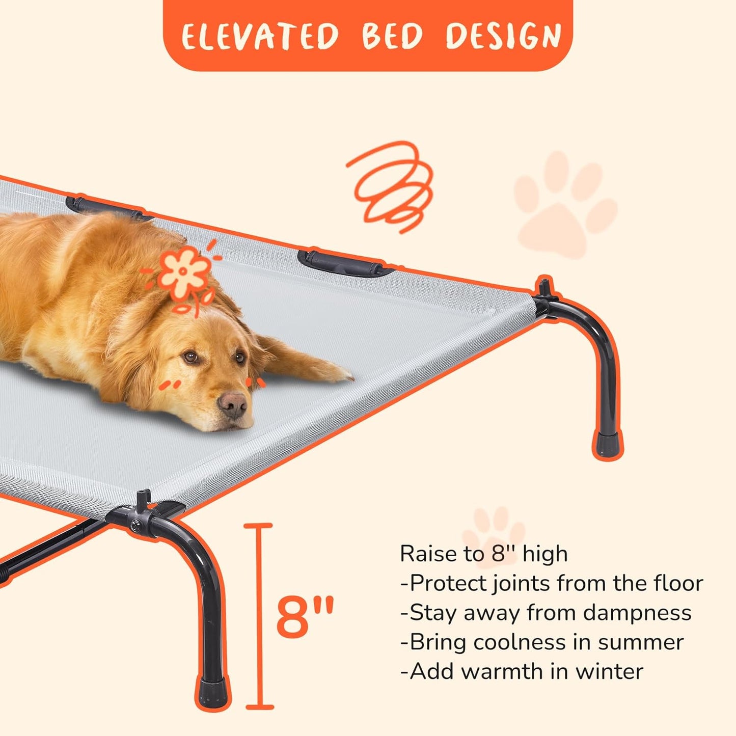 Outdoor Dog Bed with Canopy, XL Elevated Dog Bed, Dog Cot