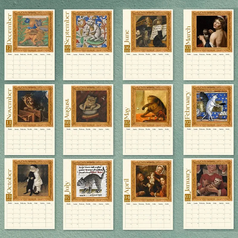 Weird Medieval Cats Wall Hanging Calendar 2024