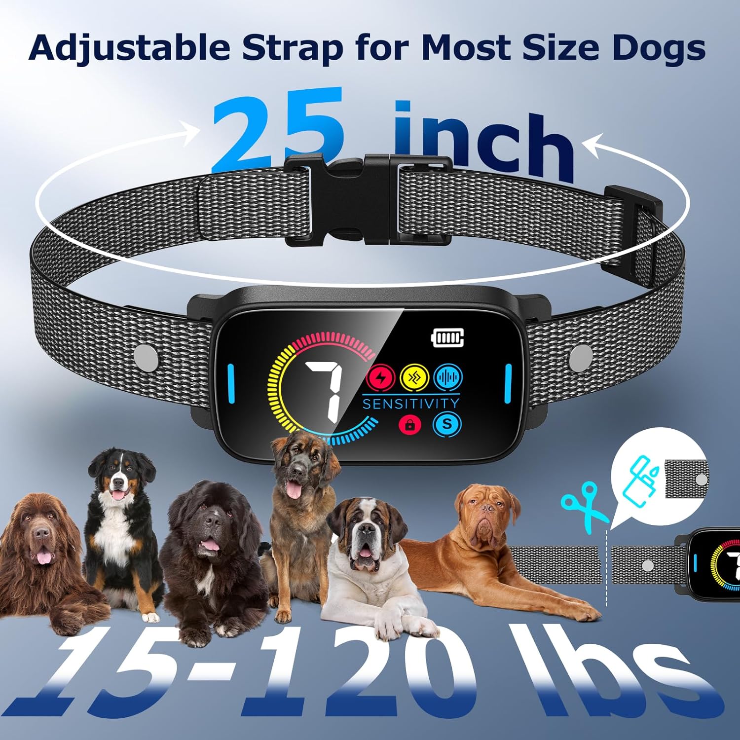 Smart Bark Collar for Large & Medium Dogs - Rechargeable, Ultrasonic Beep Vibration Shock, Adjustable Sensitivity