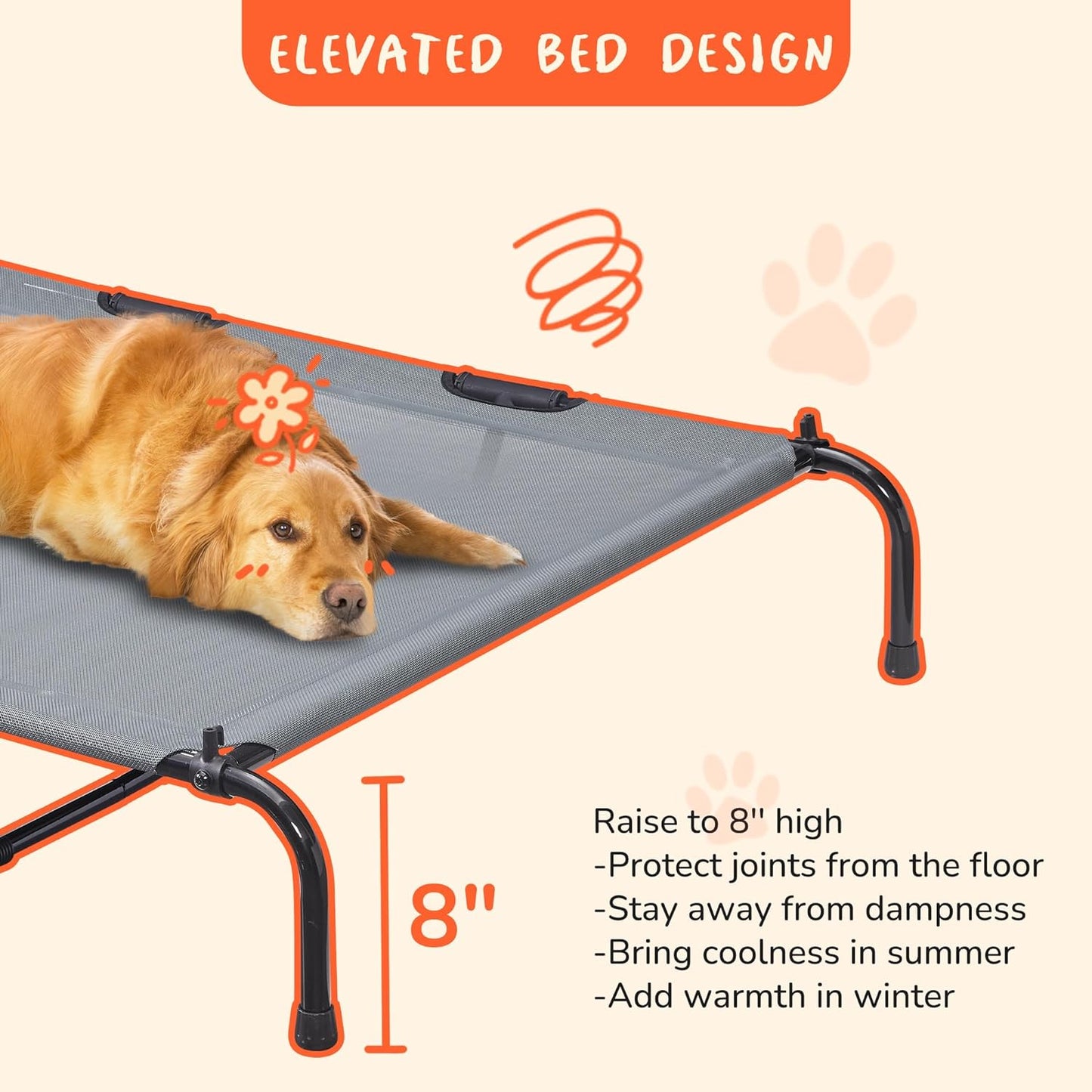 Outdoor Dog Bed with Canopy, XL Elevated Dog Bed, Dog Cot