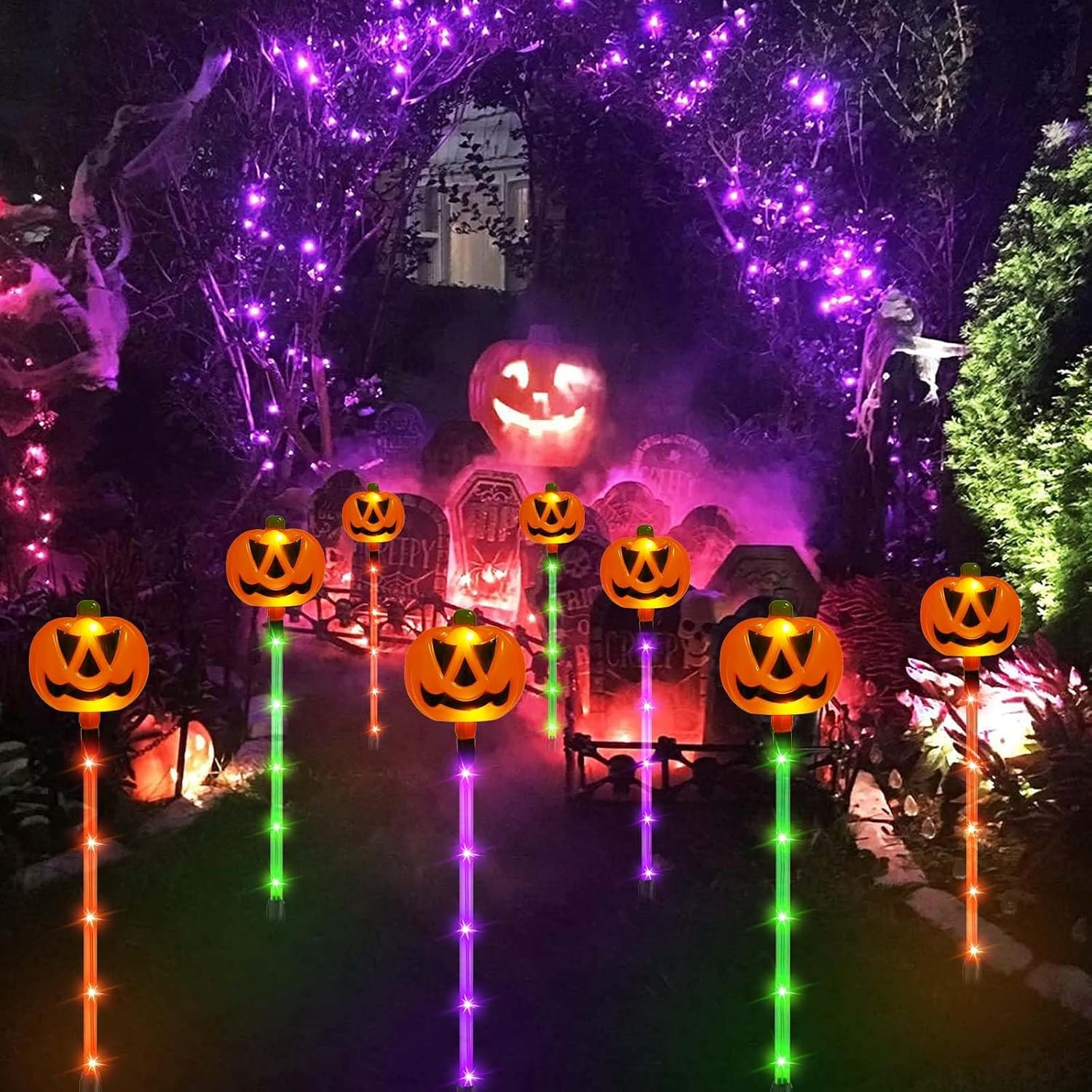 12-Pack Pumpkin Solar Lights for Outdoor Halloween Decorations