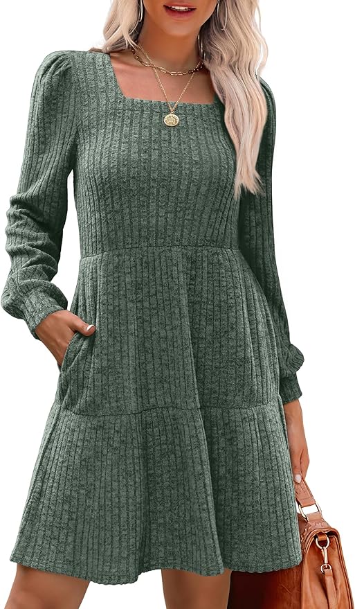 Womens Square Neck Long Sleeve Fall Tunic Dresses Casual Babydoll Sweater Dress with Pockets