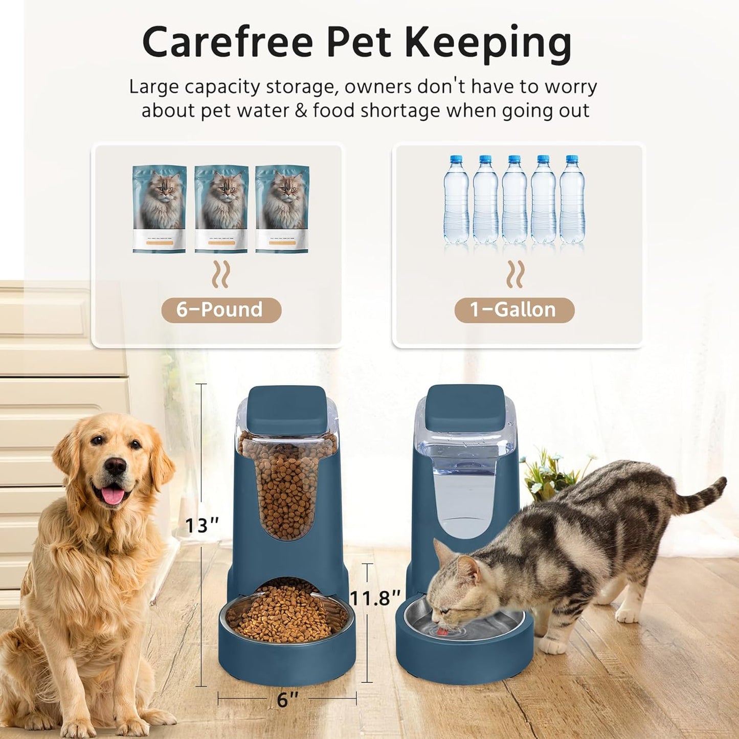 2-Pack Automatic Cat Feeder & Water Dispenser Set - Stainless Steel, Gravity-Fed for Small to Medium Pets