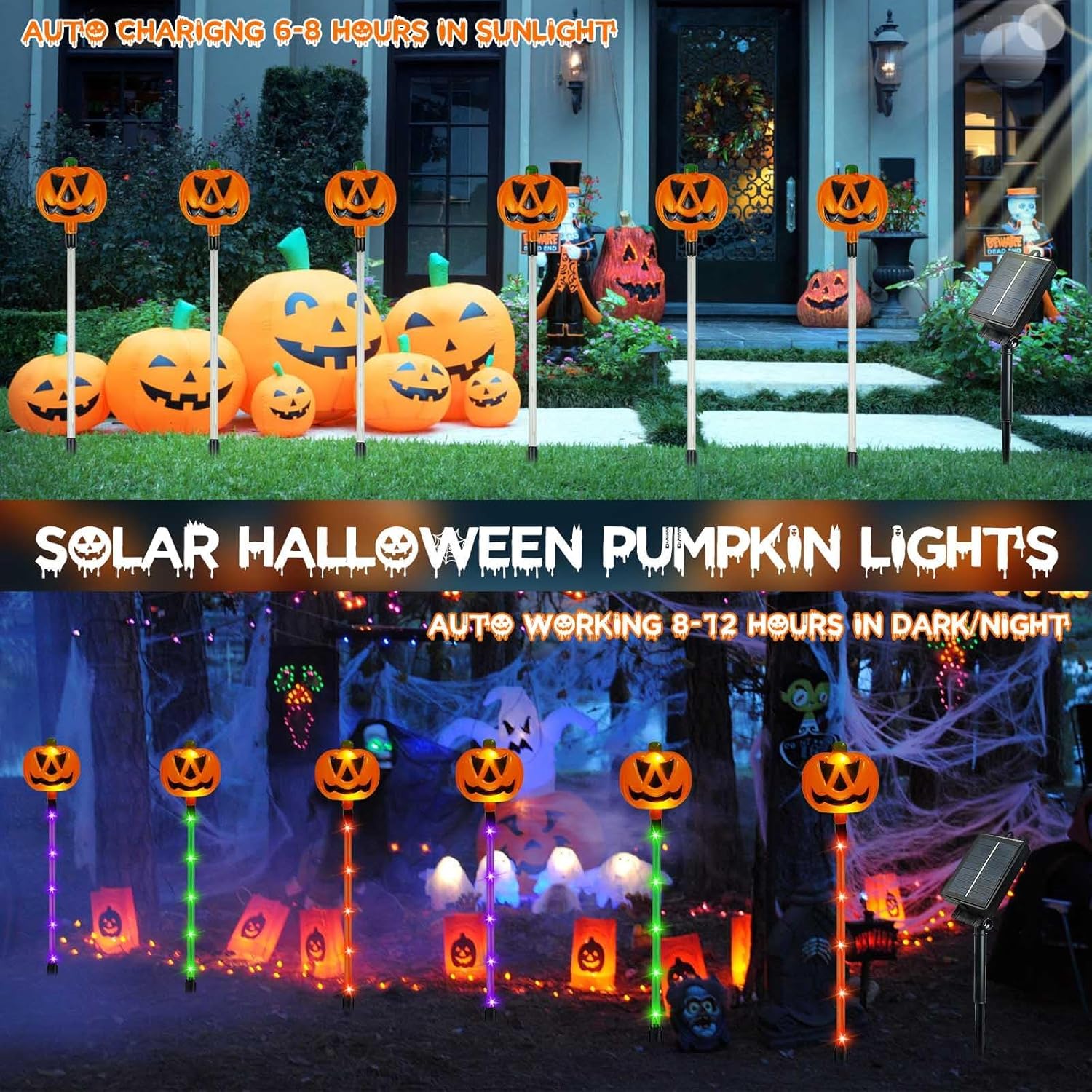 12-Pack Pumpkin Solar Lights for Outdoor Halloween Decorations