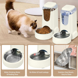 2-Pack Automatic Cat Feeder & Water Dispenser Set - Stainless Steel, Gravity-Fed for Small to Medium Pets
