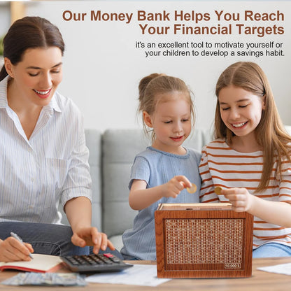 Wooden money box with engraved figures