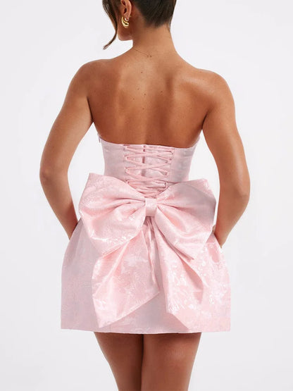 Jacquard Strapless Knot A-line Mini Dress