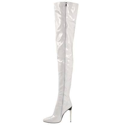 Women Pointed Toe Patent Leather Side Zipper Stiletto High Heel Over The Knee Boots