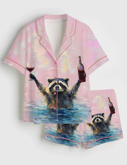 Women’s Raccoon Drinking Red Wine Short Sleeve Silky Satin Pajama Set