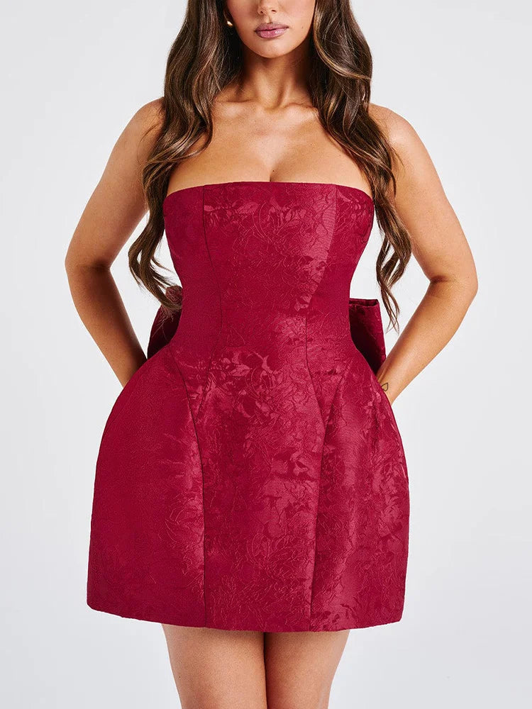 Jacquard Strapless Knot A-line Mini Dress