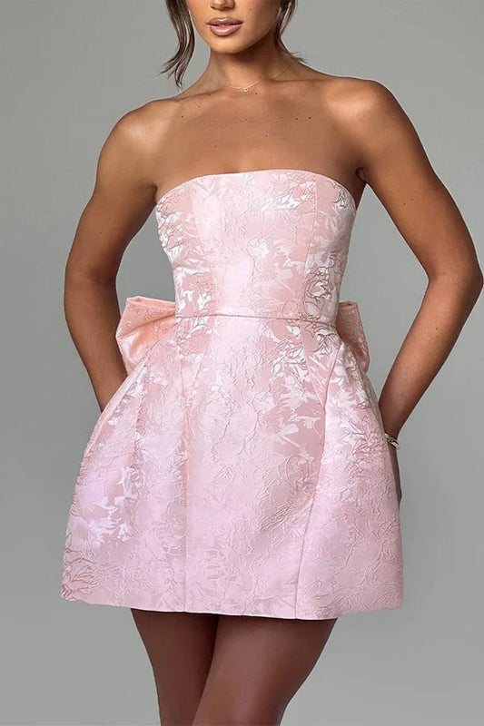 Jacquard Strapless Knot A-line Mini Dress