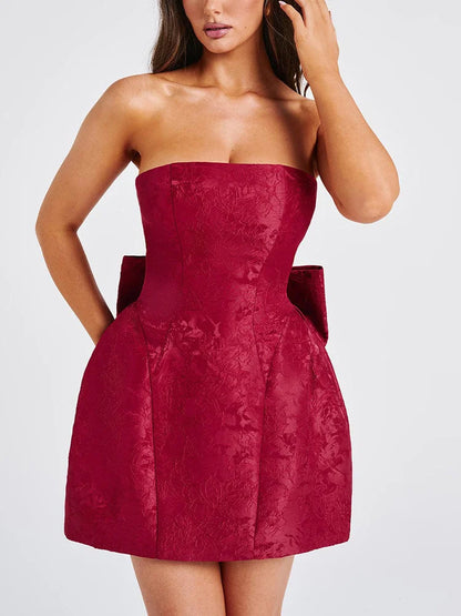 Jacquard Strapless Knot A-line Mini Dress