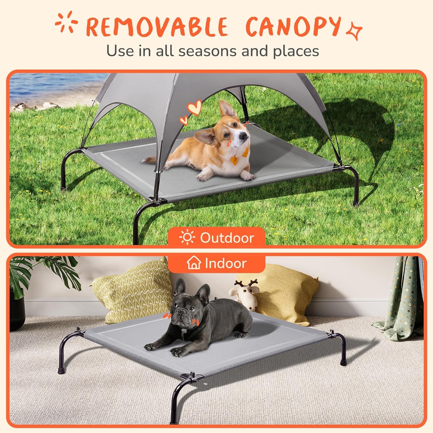 Outdoor Dog Bed with Canopy, XL Elevated Dog Bed, Dog Cot