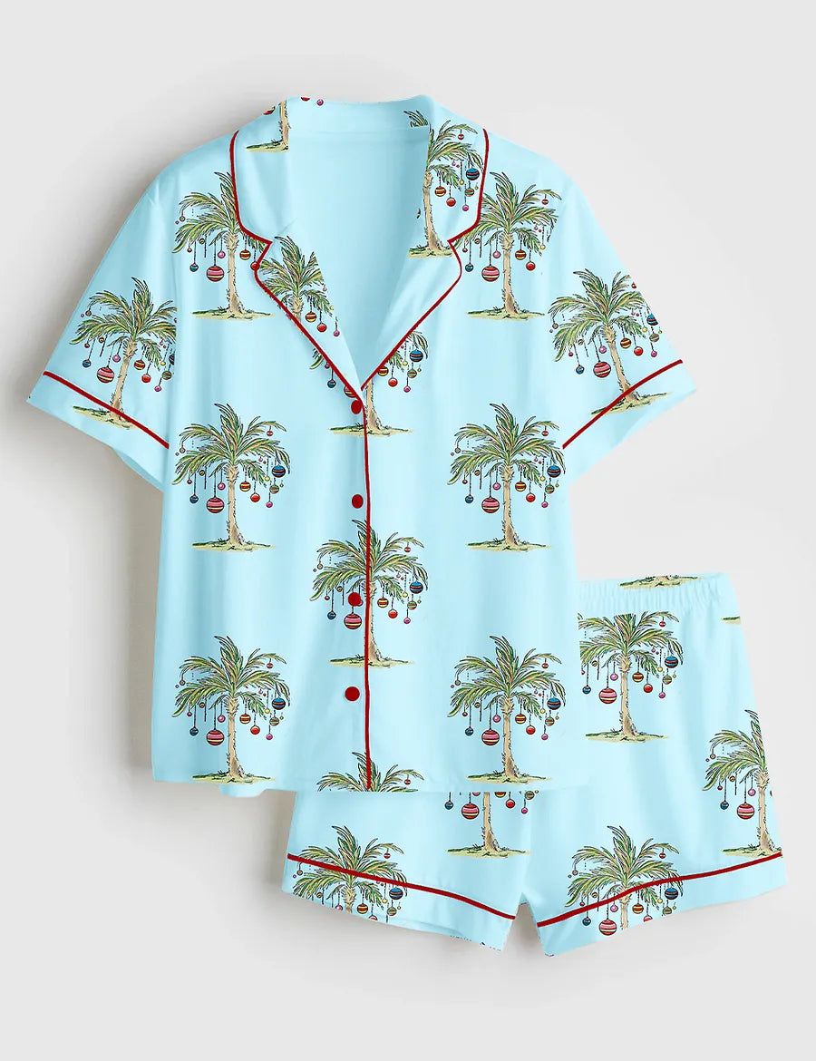 Women’s Tropical Christmas Aloha Holiday Beach Santa In July Hawaiian Print Short Sleeve Satin Pajama Set