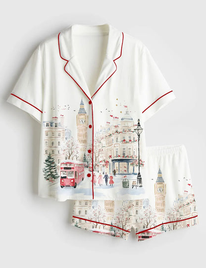 Women’s Watercolor Christmas In London Winter London Travel Short Sleeve Satin Pajama Set