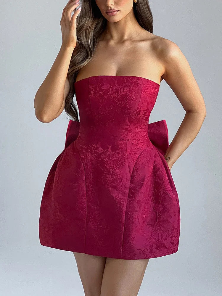 Jacquard Strapless Knot A-line Mini Dress