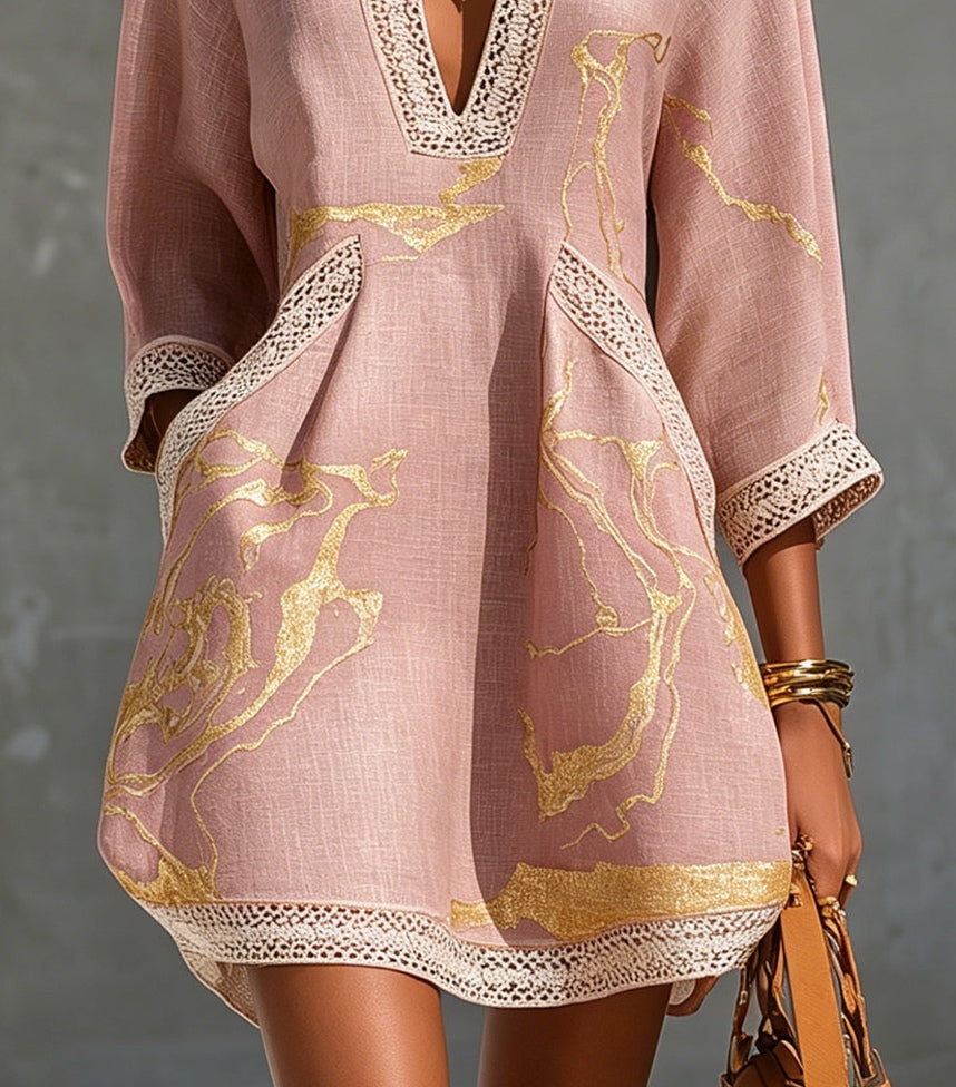 Pink Gold Printed V-neck Crochet Lace Mini Dress