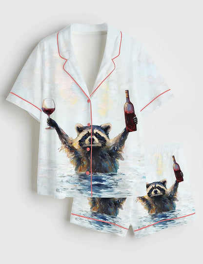 Women’s Raccoon Drinking Red Wine Short Sleeve Silky Satin Pajama Set