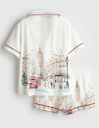 Women’s Watercolor Christmas In London Winter London Travel Short Sleeve Satin Pajama Set