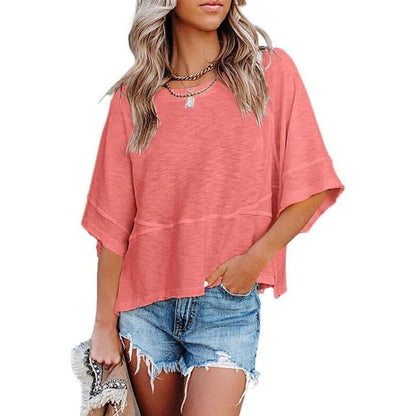 Women's Summer Casual Crewneck Batwing Half Sleeve T-Shirts Solid Color Loose Fit