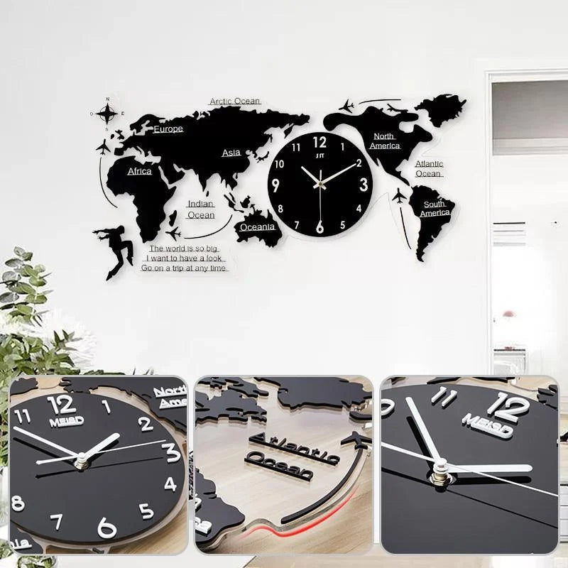 3D Acrylic World Map Wall Clock Nordic Modern Digital Hanging Wall Clock