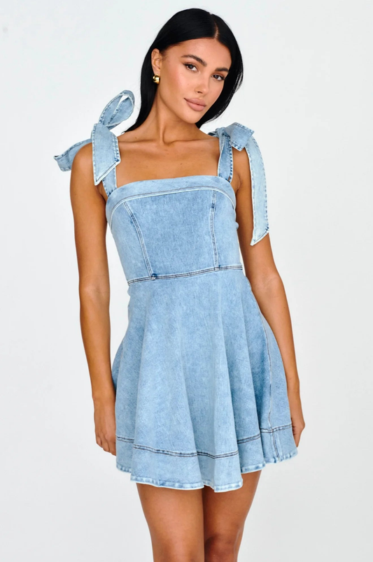 Bow Shoulder Denim Dress