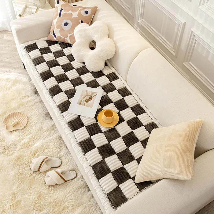 Cream-coloured Large Plaid Square Fuzzy Pet Dog Mat Bed Couch Cover