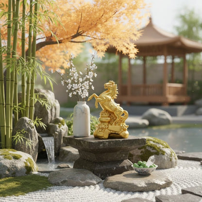 Feng Shui Success | Fire Horse Statue with Elegant Golden Finish | Symbol of Wealth and Luck for Ambition 4