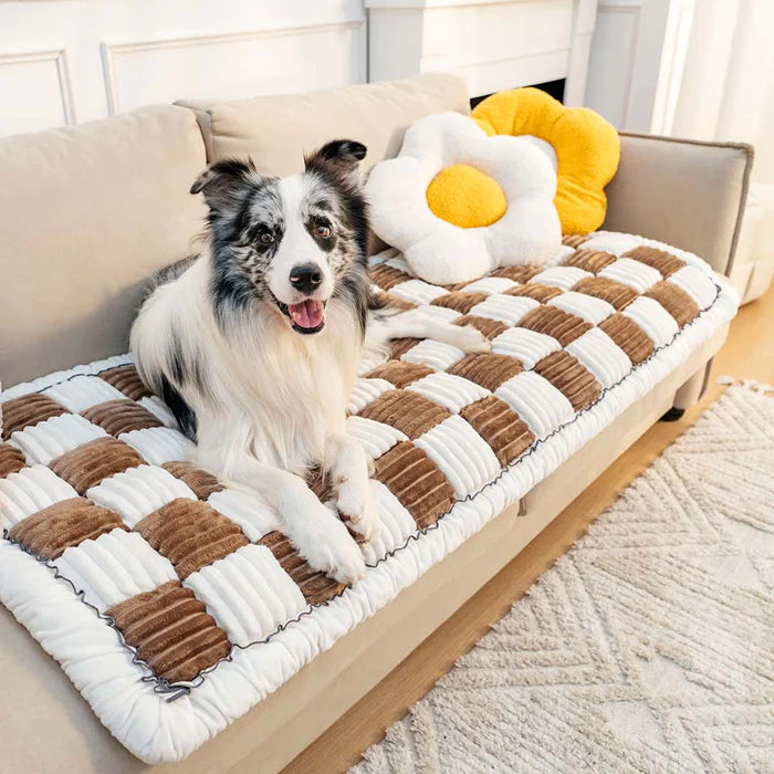 Cream-coloured Large Plaid Square Fuzzy Pet Dog Mat Bed Couch Cover