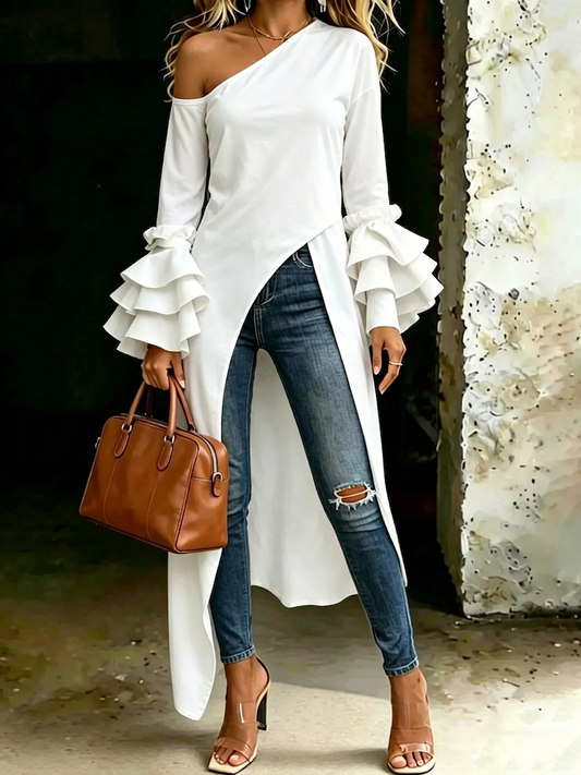 Seraphina | Women's Off-Shoulder Ruffle Sleeve Top with Dramatic Front Slit