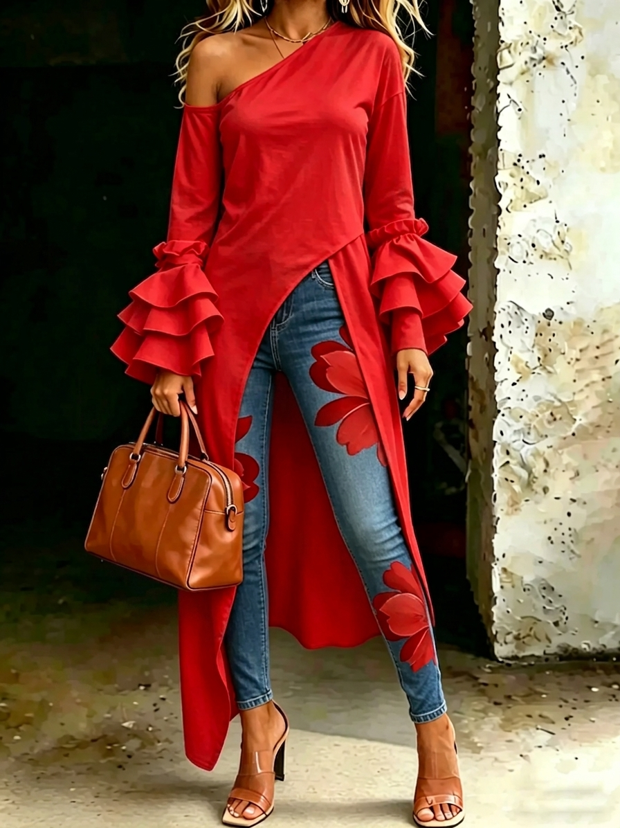 Seraphina | Women's Off-Shoulder Ruffle Sleeve Top with Dramatic Front Slit