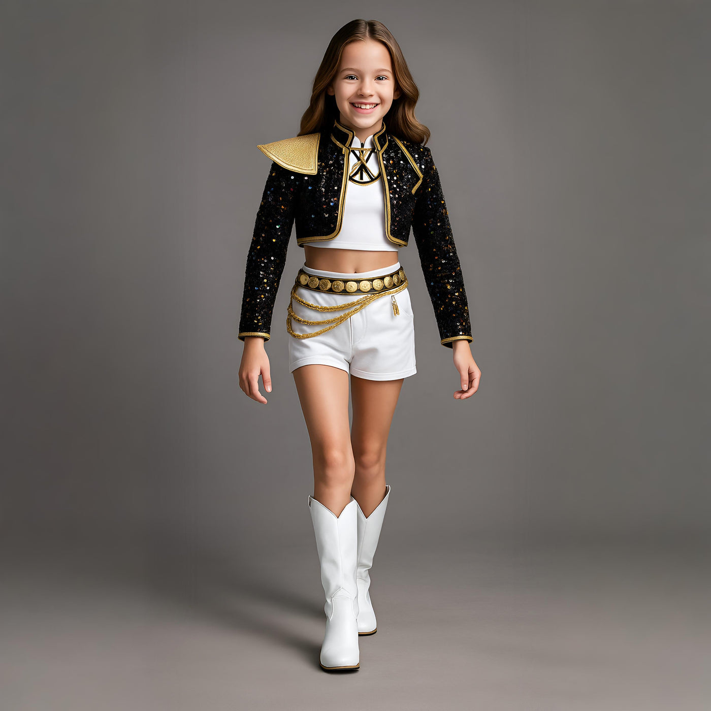 Eclipse sequin stage costume set in black and gold, full view