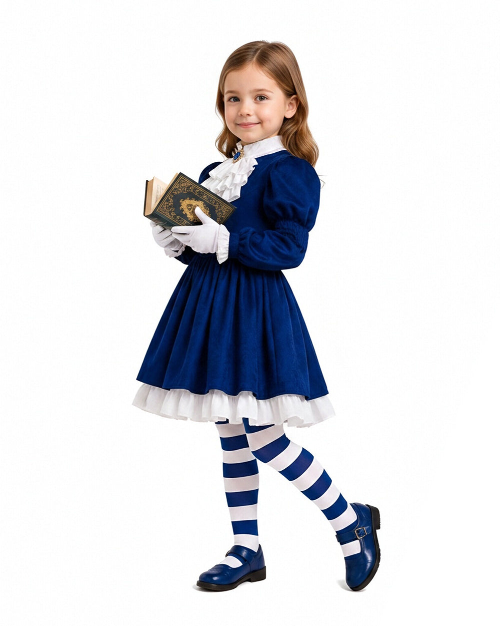 Gothic Costume Dark Blue Victorian Dress with Striped Socks Gloves for Girls Women Halloween Comic-Con