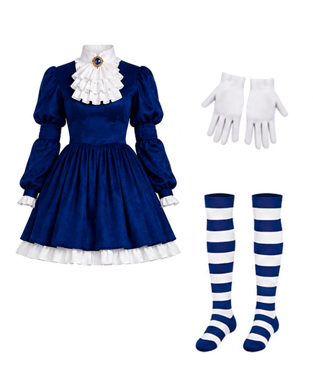 Gothic Costume Dark Blue Victorian Dress with Striped Socks Gloves for Girls Women Halloween Comic-Con