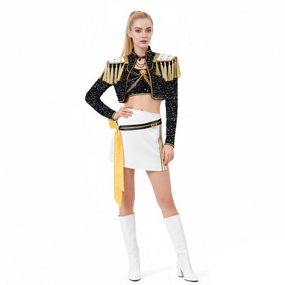 Kids & Adult KPop Mira Costume Sequined Golden Stage Outfit Full Set Halloween Cosplay Costume