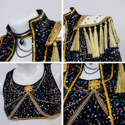 Kids & Adult KPop Mira Costume Sequined Golden Stage Outfit Full Set Halloween Cosplay Costume