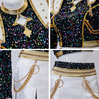 KPop Zoey Golden Outfit 4-piece Black Sequins Zoey Cosplay Costume Stage Performance Suit