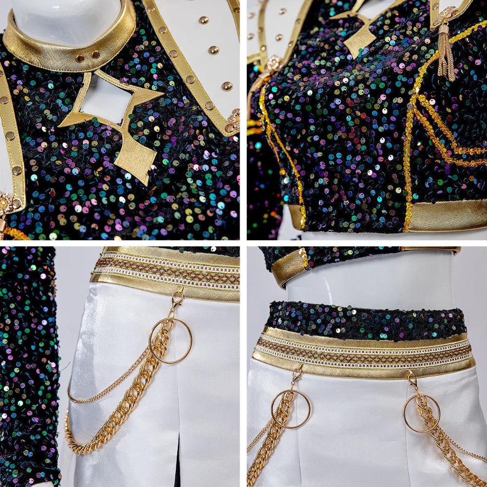 Close detail of the sequin fabric and gold trim