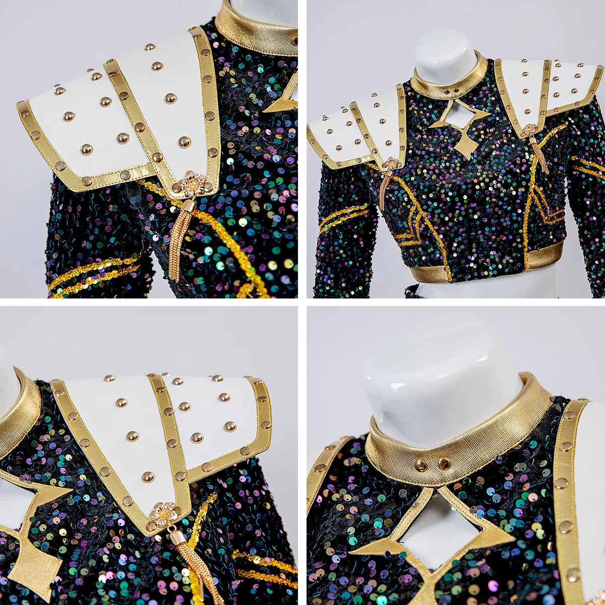 KPop Zoey Golden Outfit 4-piece Black Sequins Zoey Cosplay Costume Stage Performance Suit