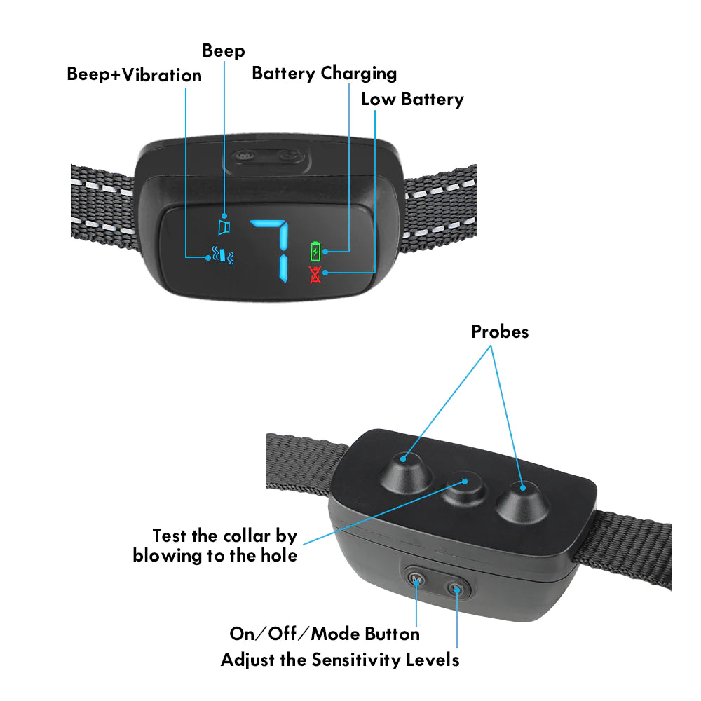 No Shock Rechargeable Water Resistant LED Bark Control Collar, Sound & Vibration Only, For 7-120lb Dogs, Neck Size 7in to 25in