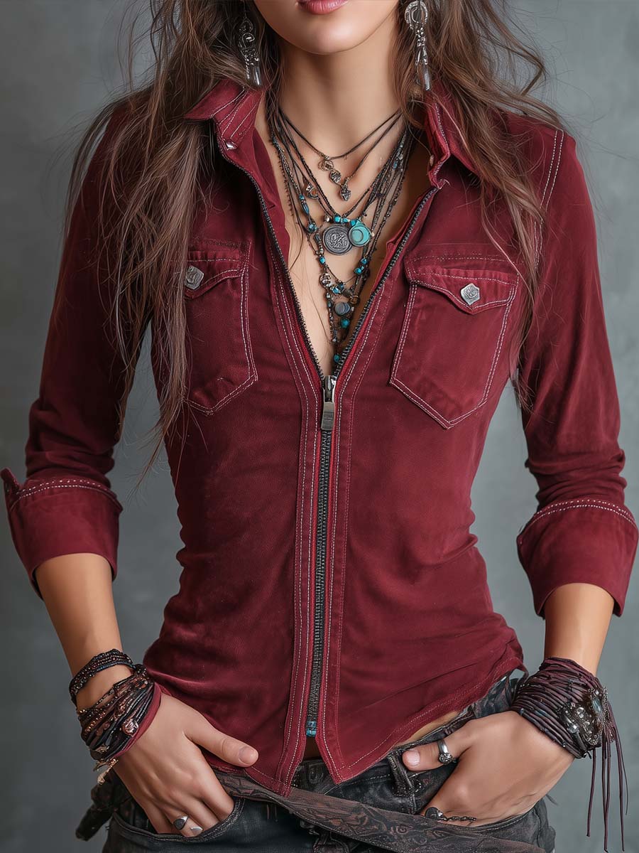 Men's Distressed Denim Shirt | Stylish Zip-Up Casual Top with Flap Pockets 0