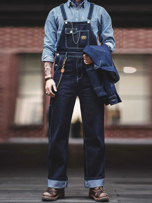 Polaris indigo denim work overalls, full-length view