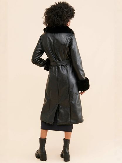 Odette | Long Faux Leather Coat with Fur Trim