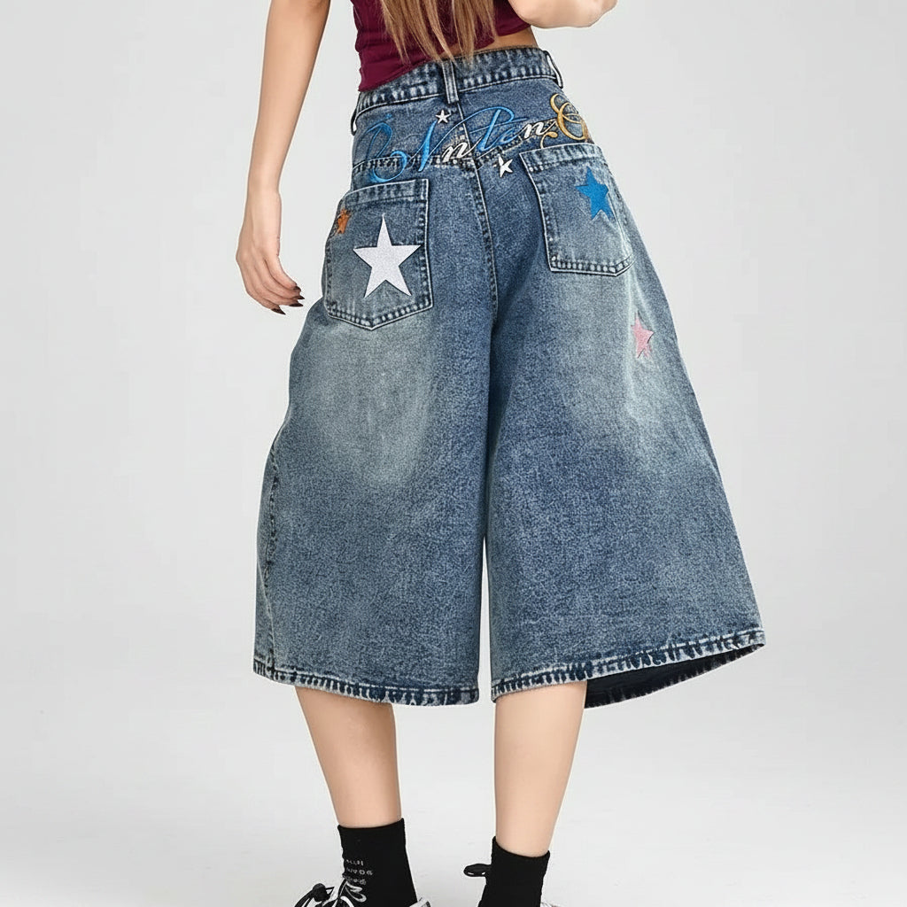 Sawyer | Star Embroidered Wide-Leg Denim Shorts