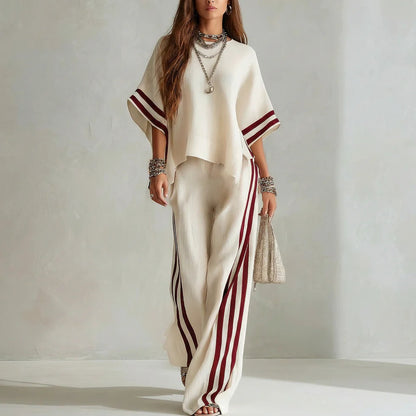 Bohemian Cream Relaxed Top & Wide-Leg Pants Two-Piece Set