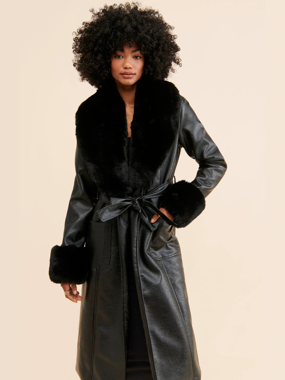 Odette | Long Faux Leather Coat with Fur Trim