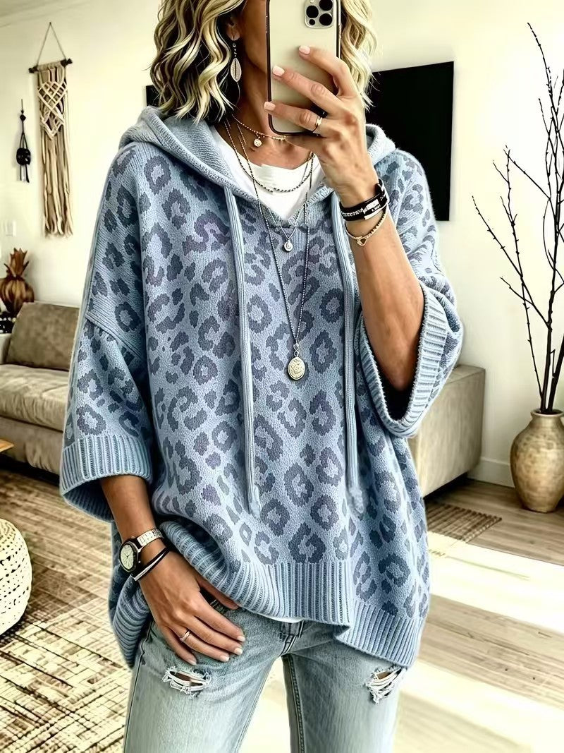 Kaia | Leopard Print Hooded Knit Poncho Sweater